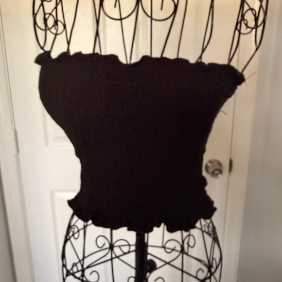 Marci Tops - Black Smocked Strapless Ruffle Hem Camisole